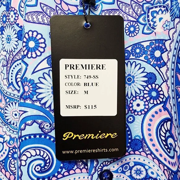 Mens Blue Paisley Short-Sleeve Button-Up Dress Shirt By Premiere Size M - Picture 3 of 8